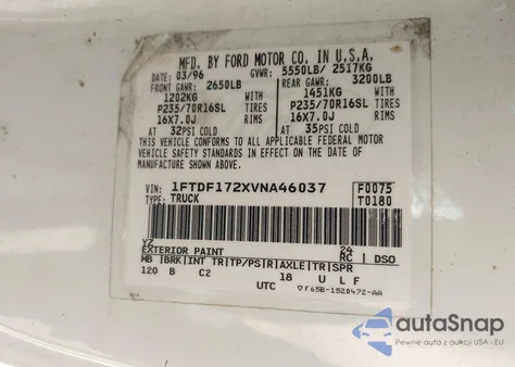 1997 Ford F-150 Standard/Xl/Xlt z USA, uszkodzony, nr VIN 1FTDF172XVNA46037